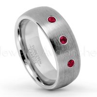 0.21ctw Ruby 3-Stone Tungsten Ring - July Birthstone Ring - 8mm Tungsten Wedding Band - Brushed Finish Comfort Fit Classic Dome Tungsten Carbide Ring TN069-RB