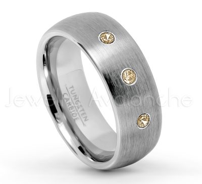 0.21ctw Smokey Quartz 3-Stone Tungsten Ring - November Birthstone Ring - 8mm Tungsten Wedding Band - Brushed Finish Comfort Fit Classic Dome Tungsten Carbide Ring TN069-SMQ