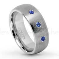 0.21ctw Blue Sapphire 3-Stone Tungsten Ring - September Birthstone Ring - 8mm Tungsten Wedding Band - Brushed Finish Comfort Fit Classic Dome Tungsten Carbide Ring TN069-SP
