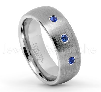 0.21ctw Blue Sapphire 3-Stone Tungsten Ring - September Birthstone Ring - 8mm Tungsten Wedding Band - Brushed Finish Comfort Fit Classic Dome Tungsten Carbide Ring TN069-SP