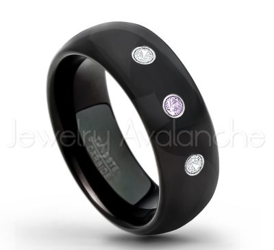 0.21ctw Amethyst 3-Stone Tungsten Ring - February Birthstone Ring - 8mm Dome Tungsten Wedding Band - Polished Black IP Comfort Fit Tungsten Carbide Ring - Men's Tungsten Anniversary Ring TN077-AMT