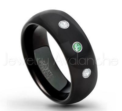 0.21ctw Emerald & Diamond 3-Stone Tungsten Ring - May Birthstone Ring - 8mm Dome Tungsten Wedding Band - Polished Black IP Comfort Fit Tungsten Carbide Ring - Men's Tungsten Anniversary Ring TN077-ED