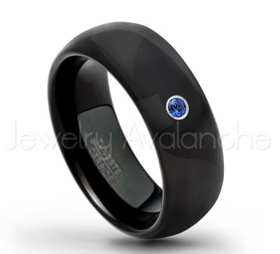 0.07ctw Blue Sapphire Tungsten Ring - September Birthstone Ring - 8mm Dome Tungsten Wedding Band - Polished Black IP Comfort Fit Tungsten Carbide Ring - Men's Tungsten Anniversary Ring TN077-SP