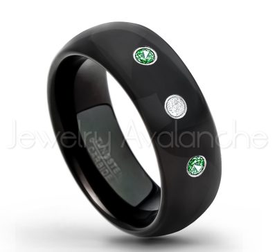 0.21ctw Emerald 3-Stone Tungsten Ring - May Birthstone Ring - 8mm Dome Tungsten Wedding Band - Polished Black IP Comfort Fit Tungsten Carbide Ring - Men's Tungsten Anniversary Ring TN077-ED