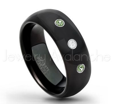 0.21ctw Green Tourmaline 3-Stone Tungsten Ring - October Birthstone Ring - 8mm Dome Tungsten Wedding Band - Polished Black IP Comfort Fit Tungsten Carbide Ring - Men's Tungsten Anniversary Ring TN077-GTM