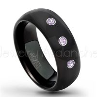 0.21ctw Amethyst 3-Stone Tungsten Ring - February Birthstone Ring - 8mm Dome Tungsten Wedding Band - Polished Black IP Comfort Fit Tungsten Carbide Ring - Men's Tungsten Anniversary Ring TN077-AMT