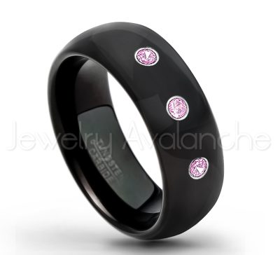 0.07ctw Pink Tourmaline Tungsten Ring - October Birthstone Ring - 8mm Dome Tungsten Wedding Band - Polished Black IP Comfort Fit Tungsten Carbide Ring - Men's Tungsten Anniversary Ring TN077-PTM