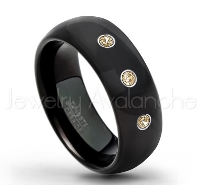 0.07ctw Smokey Quartz Tungsten Ring - November Birthstone Ring - 8mm Dome Tungsten Wedding Band - Polished Black IP Comfort Fit Tungsten Carbide Ring - Men's Tungsten Anniversary Ring TN077-SMQ