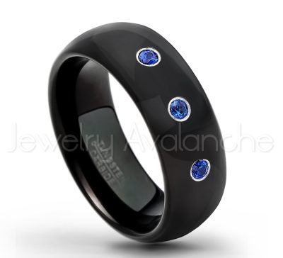 0.21ctw Blue Sapphire 3-Stone Tungsten Ring - September Birthstone Ring - 8mm Dome Tungsten Wedding Band - Polished Black IP Comfort Fit Tungsten Carbide Ring - Men's Tungsten Anniversary Ring TN077-SP