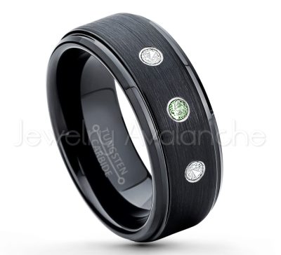 0.21ctw Alexandrite 3-Stone Tungsten Ring - June Birthstone Ring - 8mm Tungsten Ring - Brushed Finish Black Ion Plated Comfort Fit Tungsten Carbide Wedding Ring -  Men's Tungsten Anniversary Ring TN083-ALX