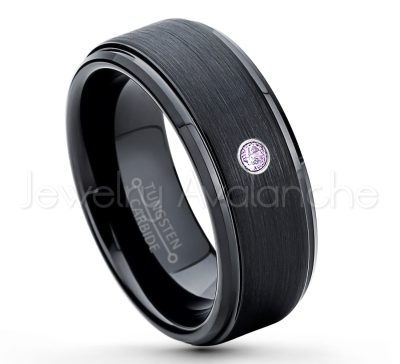 0.21ctw Amethyst 3-Stone Tungsten Ring - February Birthstone Ring - 8mm Tungsten Ring - Brushed Finish Black Ion Plated Comfort Fit Tungsten Carbide Wedding Ring -  Men's Tungsten Anniversary Ring TN083-AMT