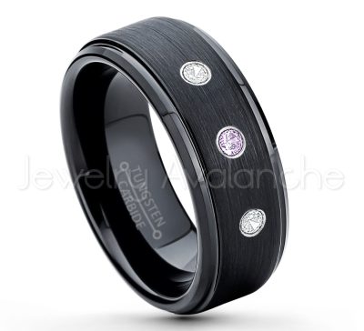 0.21ctw Amethyst & Diamond 3-Stone Tungsten Ring - February Birthstone Ring - 8mm Tungsten Ring - Brushed Finish Black Ion Plated Comfort Fit Tungsten Carbide Wedding Ring -  Men's Tungsten Anniversary Ring TN083-AMT