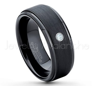 0.21ctw Aquamarine 3-Stone Tungsten Ring - March Birthstone Ring - 8mm Tungsten Ring - Brushed Finish Black Ion Plated Comfort Fit Tungsten Carbide Wedding Ring -  Men's Tungsten Anniversary Ring TN083-AQM