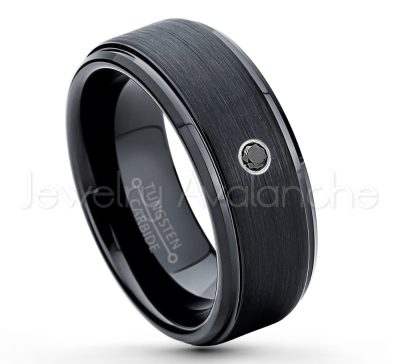 0.21ctw Black & White Diamond 3-Stone Tungsten Ring - April Birthstone Ring - 8mm Tungsten Ring - Brushed Finish Black Ion Plated Comfort Fit Tungsten Carbide Wedding Ring -  Men's Tungsten Anniversary Ring TN083-BD