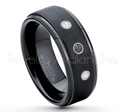 0.21ctw White & Black Diamond 3-Stone Tungsten Ring - April Birthstone Ring - 8mm Tungsten Ring - Brushed Finish Black Ion Plated Comfort Fit Tungsten Carbide Wedding Ring -  Men's Tungsten Anniversary Ring TN083-WD