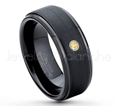 0.21ctw Citrine 3-Stone Tungsten Ring - November Birthstone Ring - 8mm Tungsten Ring - Brushed Finish Black Ion Plated Comfort Fit Tungsten Carbide Wedding Ring -  Men's Tungsten Anniversary Ring TN083-CN