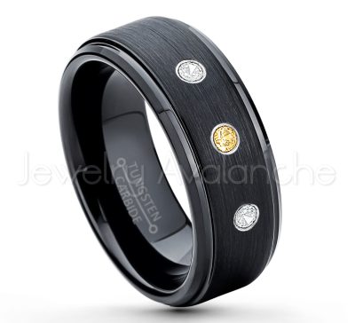 0.21ctw Citrine 3-Stone Tungsten Ring - November Birthstone Ring - 8mm Tungsten Ring - Brushed Finish Black Ion Plated Comfort Fit Tungsten Carbide Wedding Ring -  Men's Tungsten Anniversary Ring TN083-CN