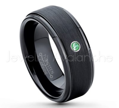 0.21ctw Emerald 3-Stone Tungsten Ring - May Birthstone Ring - 8mm Tungsten Ring - Brushed Finish Black Ion Plated Comfort Fit Tungsten Carbide Wedding Ring -  Men's Tungsten Anniversary Ring TN083-ED