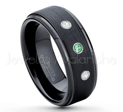 0.21ctw Emerald & Diamond 3-Stone Tungsten Ring - May Birthstone Ring - 8mm Tungsten Ring - Brushed Finish Black Ion Plated Comfort Fit Tungsten Carbide Wedding Ring -  Men's Tungsten Anniversary Ring TN083-ED