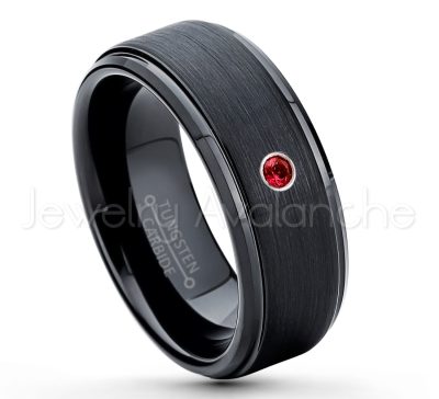 0.21ctw Garnet 3-Stone Tungsten Ring - January Birthstone Ring - 8mm Tungsten Ring - Brushed Finish Black Ion Plated Comfort Fit Tungsten Carbide Wedding Ring -  Men's Tungsten Anniversary Ring TN083-GR
