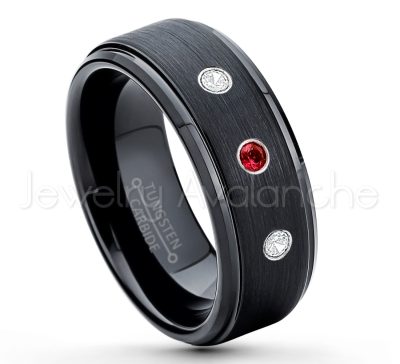 0.07ctw Garnet Tungsten Ring - January Birthstone Ring - 8mm Tungsten Ring - Brushed Finish Black Ion Plated Comfort Fit Tungsten Carbide Wedding Ring -  Men's Tungsten Anniversary Ring TN083-GR