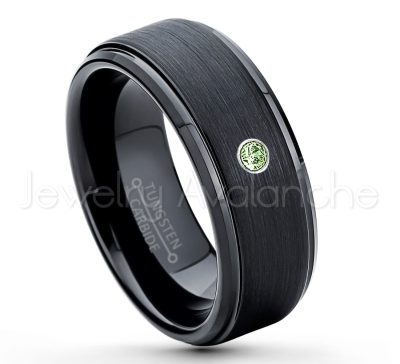 0.21ctw Green Tourmaline & Diamond 3-Stone Tungsten Ring - October Birthstone Ring - 8mm Tungsten Ring - Brushed Finish Black Ion Plated Comfort Fit Tungsten Carbide Wedding Ring -  Men's Tungsten Anniversary Ring TN083-GTM