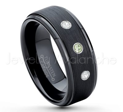 0.21ctw Peridot & Diamond 3-Stone Tungsten Ring - August Birthstone Ring - 8mm Tungsten Ring - Brushed Finish Black Ion Plated Comfort Fit Tungsten Carbide Wedding Ring -  Men's Tungsten Anniversary Ring TN083-PD