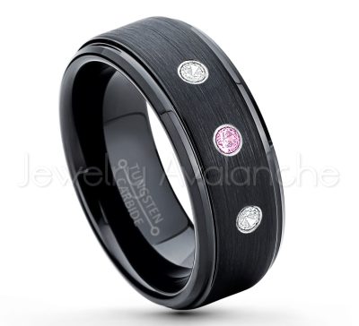 0.21ctw Pink Tourmaline 3-Stone Tungsten Ring - October Birthstone Ring - 8mm Tungsten Ring - Brushed Finish Black Ion Plated Comfort Fit Tungsten Carbide Wedding Ring -  Men's Tungsten Anniversary Ring TN083-PTM