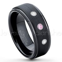 0.21ctw Pink Tourmaline & Diamond 3-Stone Tungsten Ring - October Birthstone Ring - 8mm Tungsten Ring - Brushed Finish Black Ion Plated Comfort Fit Tungsten Carbide Wedding Ring -  Men's Tungsten Anniversary Ring TN083-PTM