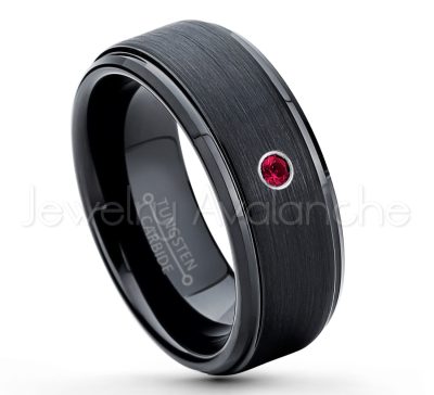 0.07ctw Ruby Tungsten Ring - July Birthstone Ring - 8mm Tungsten Ring - Brushed Finish Black Ion Plated Comfort Fit Tungsten Carbide Wedding Ring -  Men's Tungsten Anniversary Ring TN083-RB