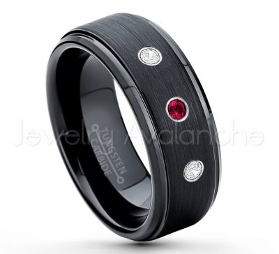 0.07ctw Ruby Tungsten Ring - July Birthstone Ring - 8mm Tungsten Ring - Brushed Finish Black Ion Plated Comfort Fit Tungsten Carbide Wedding Ring -  Men's Tungsten Anniversary Ring TN083-RB