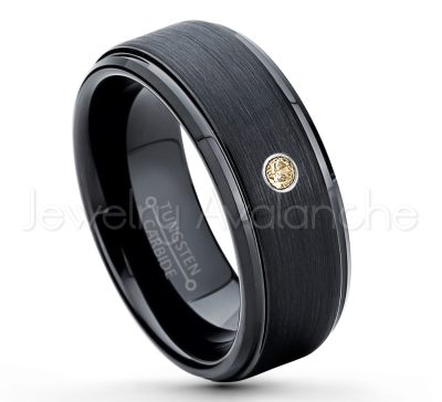 0.21ctw Smokey Quartz 3-Stone Tungsten Ring - November Birthstone Ring - 8mm Tungsten Ring - Brushed Finish Black Ion Plated Comfort Fit Tungsten Carbide Wedding Ring -  Men's Tungsten Anniversary Ring TN083-SMQ