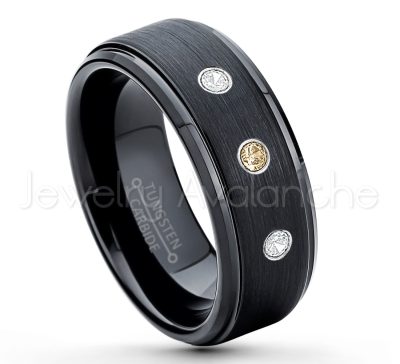 0.21ctw Smokey Quartz 3-Stone Tungsten Ring - November Birthstone Ring - 8mm Tungsten Ring - Brushed Finish Black Ion Plated Comfort Fit Tungsten Carbide Wedding Ring -  Men's Tungsten Anniversary Ring TN083-SMQ