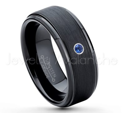 0.21ctw Blue Sapphire 3-Stone Tungsten Ring - September Birthstone Ring - 8mm Tungsten Ring - Brushed Finish Black Ion Plated Comfort Fit Tungsten Carbide Wedding Ring -  Men's Tungsten Anniversary Ring TN083-SP