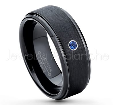 0.07ctw Blue Sapphire Tungsten Ring - September Birthstone Ring - 8mm Tungsten Ring - Brushed Finish Black Ion Plated Comfort Fit Tungsten Carbide Wedding Ring -  Men's Tungsten Anniversary Ring TN083-SP