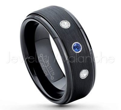 0.21ctw Blue Sapphire 3-Stone Tungsten Ring - September Birthstone Ring - 8mm Tungsten Ring - Brushed Finish Black Ion Plated Comfort Fit Tungsten Carbide Wedding Ring -  Men's Tungsten Anniversary Ring TN083-SP