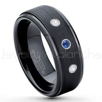 0.21ctw Blue Sapphire & Diamond 3-Stone Tungsten Ring - September Birthstone Ring - 8mm Tungsten Ring - Brushed Finish Black Ion Plated Comfort Fit Tungsten Carbide Wedding Ring -  Men's Tungsten Anniversary Ring TN083-SP