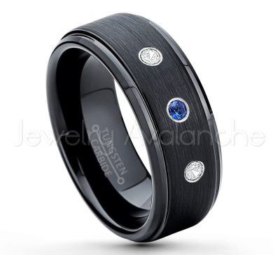 0.07ctw Blue Sapphire Tungsten Ring - September Birthstone Ring - 8mm Tungsten Ring - Brushed Finish Black Ion Plated Comfort Fit Tungsten Carbide Wedding Ring -  Men's Tungsten Anniversary Ring TN083-SP