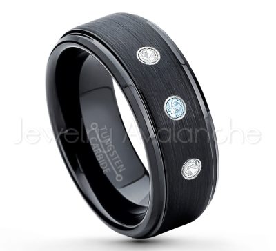 0.21ctw Topaz & Diamond 3-Stone Tungsten Ring - November Birthstone Ring - 8mm Tungsten Ring - Brushed Finish Black Ion Plated Comfort Fit Tungsten Carbide Wedding Ring -  Men's Tungsten Anniversary Ring TN083-TP