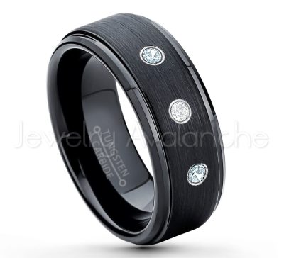 0.07ctw Aquamarine Tungsten Ring - March Birthstone Ring - 8mm Tungsten Ring - Brushed Finish Black Ion Plated Comfort Fit Tungsten Carbide Wedding Ring -  Men's Tungsten Anniversary Ring TN083-AQM