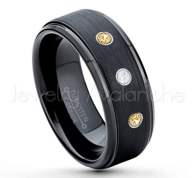 0.21ctw Citrine & Diamond 3-Stone Tungsten Ring - November Birthstone Ring - 8mm Tungsten Ring - Brushed Finish Black Ion Plated Comfort Fit Tungsten Carbide Wedding Ring -  Men's Tungsten Anniversary Ring TN083-CN
