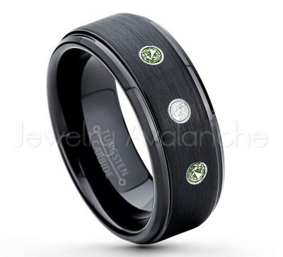 0.21ctw Green Tourmaline 3-Stone Tungsten Ring - October Birthstone Ring - 8mm Tungsten Ring - Brushed Finish Black Ion Plated Comfort Fit Tungsten Carbide Wedding Ring -  Men's Tungsten Anniversary Ring TN083-GTM