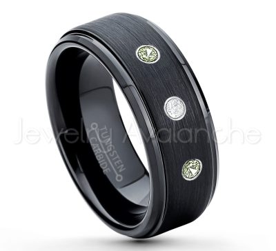 0.21ctw Peridot & Diamond 3-Stone Tungsten Ring - August Birthstone Ring - 8mm Tungsten Ring - Brushed Finish Black Ion Plated Comfort Fit Tungsten Carbide Wedding Ring -  Men's Tungsten Anniversary Ring TN083-PD
