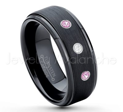 0.21ctw Pink Tourmaline & Diamond 3-Stone Tungsten Ring - October Birthstone Ring - 8mm Tungsten Ring - Brushed Finish Black Ion Plated Comfort Fit Tungsten Carbide Wedding Ring -  Men's Tungsten Anniversary Ring TN083-PTM