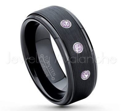 0.21ctw Amethyst 3-Stone Tungsten Ring - February Birthstone Ring - 8mm Tungsten Ring - Brushed Finish Black Ion Plated Comfort Fit Tungsten Carbide Wedding Ring -  Men's Tungsten Anniversary Ring TN083-AMT