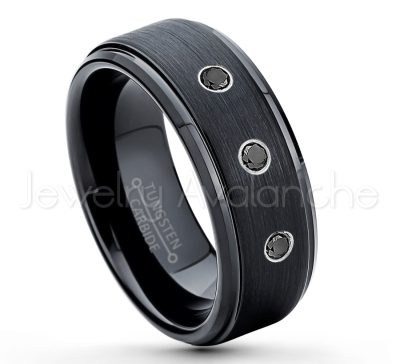 0.21ctw Black Diamond 3-Stone Tungsten Ring - April Birthstone Ring - 8mm Tungsten Ring - Brushed Finish Black Ion Plated Comfort Fit Tungsten Carbide Wedding Ring -  Men's Tungsten Anniversary Ring TN083-BD