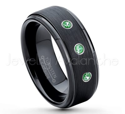0.21ctw Emerald 3-Stone Tungsten Ring - May Birthstone Ring - 8mm Tungsten Ring - Brushed Finish Black Ion Plated Comfort Fit Tungsten Carbide Wedding Ring -  Men's Tungsten Anniversary Ring TN083-ED