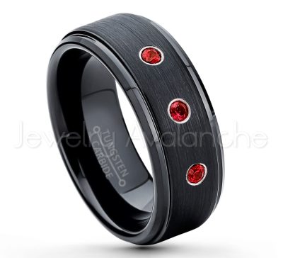 0.21ctw Garnet 3-Stone Tungsten Ring - January Birthstone Ring - 8mm Tungsten Ring - Brushed Finish Black Ion Plated Comfort Fit Tungsten Carbide Wedding Ring -  Men's Tungsten Anniversary Ring TN083-GR