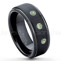 0.21ctw Green Tourmaline 3-Stone Tungsten Ring - October Birthstone Ring - 8mm Tungsten Ring - Brushed Finish Black Ion Plated Comfort Fit Tungsten Carbide Wedding Ring -  Men's Tungsten Anniversary Ring TN083-GTM