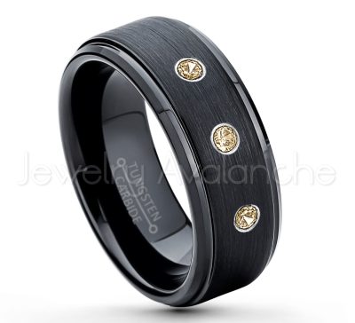 0.21ctw Smokey Quartz & Diamond 3-Stone Tungsten Ring - November Birthstone Ring - 8mm Tungsten Ring - Brushed Finish Black Ion Plated Comfort Fit Tungsten Carbide Wedding Ring -  Men's Tungsten Anniversary Ring TN083-SMQ